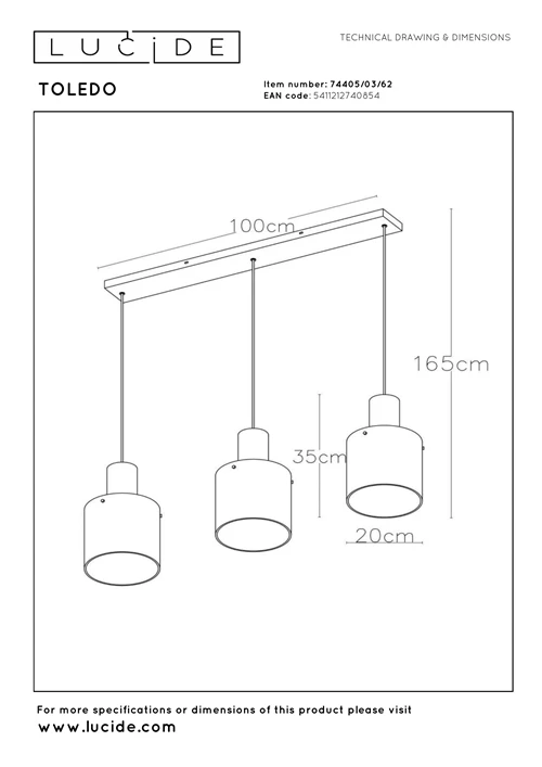 Lucide TOLEDO - Hanglamp - Ø 20 cm - 3xE27 - Amber - technisch